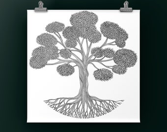 May include: Black and white illustration of a tree with a detailed root system and a full canopy of leaves. The artwork is printed on white paper and displayed with metal clips against a dark green background. The tree's branches are filled with small, textured leaf shapes.