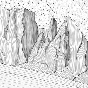 May include: A black and white line art drawing depicting a mountain range with jagged peaks. The mountains are filled with vertical lines to create texture, while the sky above is filled with a dense pattern of small black dots.