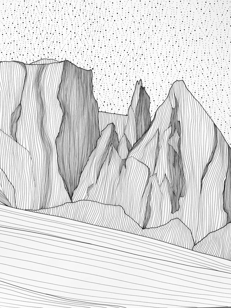 May include: A black and white line art drawing depicting a mountain range with jagged peaks. The mountains are filled with vertical lines to create texture, while the sky above is filled with a dense pattern of small black dots.