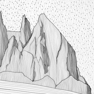 May include: A black and white line art drawing depicting a mountain range with jagged peaks. The mountains are filled with vertical lines, while the sky above is covered in a dense pattern of small black dots, creating a stark contrast.