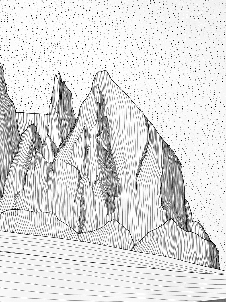 May include: A black and white line art drawing depicting a mountain range with jagged peaks. The mountains are filled with vertical lines, while the sky above is covered in a dense pattern of small black dots, creating a stark contrast.
