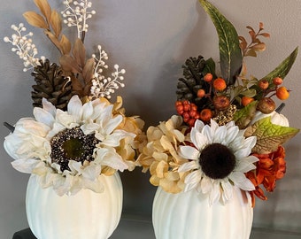 Fall Floral Pumpkin Arrangement | Fall Centerpiece | White Floral Pumpkin Centerpiece | Orange Floral Pumpkin Centerpiece | Autumn | Fall