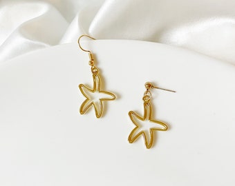 Gold Hollow out Starfish stud/ clip on Earrings, Cute kitten dangle Drop star Pendants, gift for her
