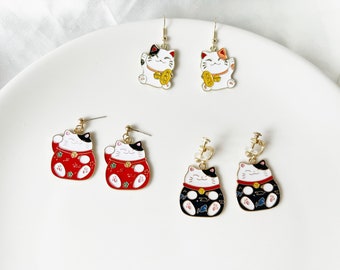 Fortune cat dangle earrings, good luck charm money god earrings, Cute handmade gift for her