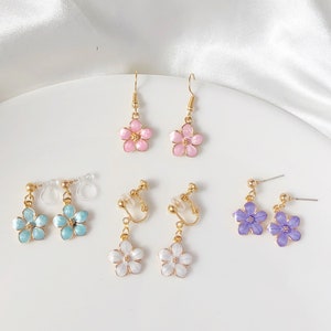 Sakura flower enamel earrings, oriental cherry Stud/Clip on earring, Dangle and drop earrings, spring gift for her image 1