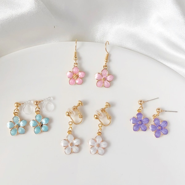 Sakura flower enamel earrings, oriental cherry Stud/Clip on earring, Dangle and drop earrings, spring gift for her