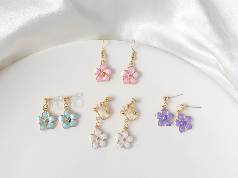 Sakura flower enamel earrings, oriental cherry Stud/Clip on earring, Dangle and drop earrings, spring gift for her image 1