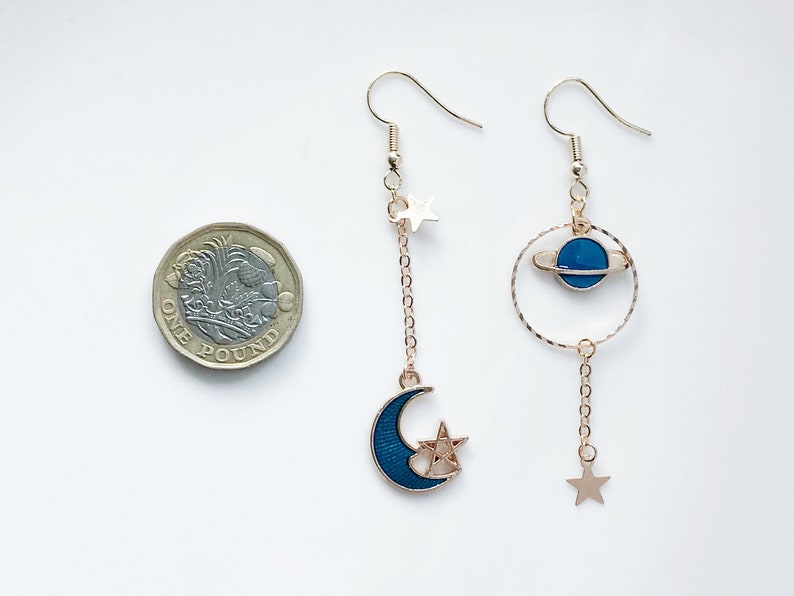 Star Moon Clip on/stud earrings, Saturn Dangle Handmade Earrings image 7