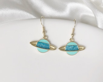 Cute Blue Saturn planet earrings,  stud/ clip on Earrings, gift for her