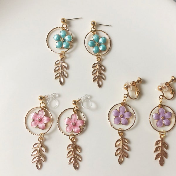 Sakura enamel and Laurel Leaf earrings, oriental cherry Stud/Clip on earring, Dangle and drop earrings, spring gift for her