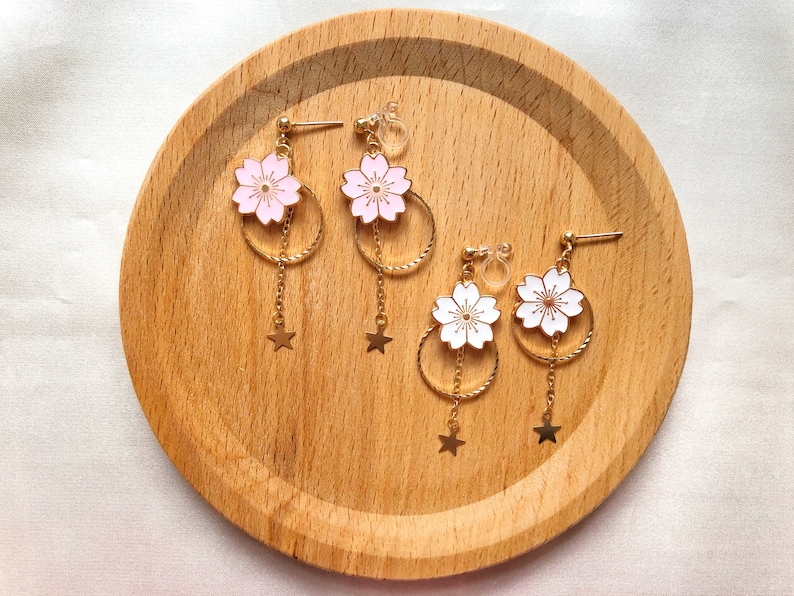 Sakura enamel earrings, oriental cherry Stud/Clip on earring, Dangle and drop earrings, spring gift for her image 1