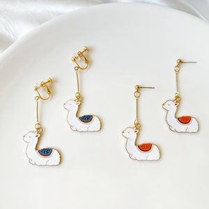 Cute Alpaca earring, animal enamel earring, dangle and drop earrings, gift for her image 1