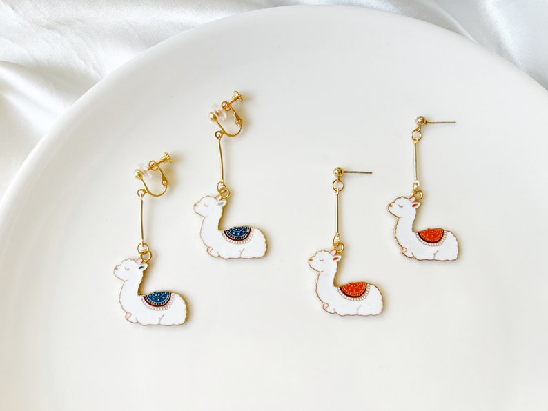 Cute Alpaca earring, animal enamel earring, dangle and drop earrings, gift for her image 1