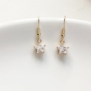 Gold Star Zirconia Earrings, Dainty Cubic Jewellery, Pierced or Clip on Options, Non Pierced Gift for Her, Minimalist Celestial Dangle Drop