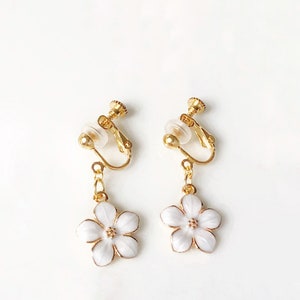 Sakura flower enamel earrings, oriental cherry Stud/Clip on earring, Dangle and drop earrings, spring gift for her White