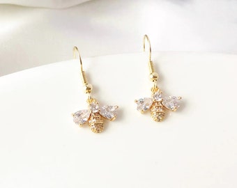 Golden Bee Drop Earrings, Dainty Bumblebee Dangles