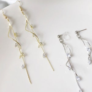 Boucles d&#39;oreilles pendantes fines feuilles de zirconium, jolies boucles d&#39;oreilles longues pendantes végétales, cadeau pour elle
