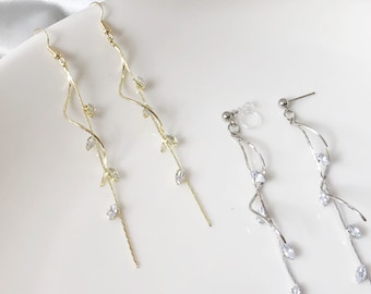 Dainty Zircon leaves dangle Earrings, Cute long dangle plant earrings, gift for her
