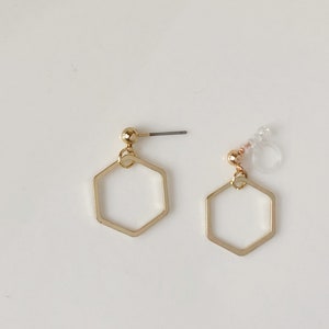 Gold Hollow out hexagon stud/ clip on Earrings, Hollow Geometric hive honeycomb, gift for her