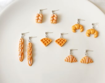 Cute Bread Earrings Set | Toast, Croissant, Waffle, Baguette | Clip On or Stud | Food Jewelry Gift | Kawaii Non Pierced Earrings