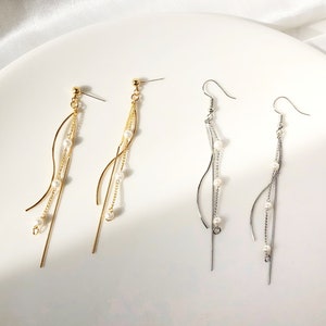 Zierliche Gold / Silber Farbe Quaste Ohrringe, faux Perle zarte lange baumeln Anhänger, Geschenk für sie Bild 1