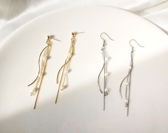 Pendientes de borla de color oro/plata delicados, colgante largo delicado de perla sintética, regalo para ella