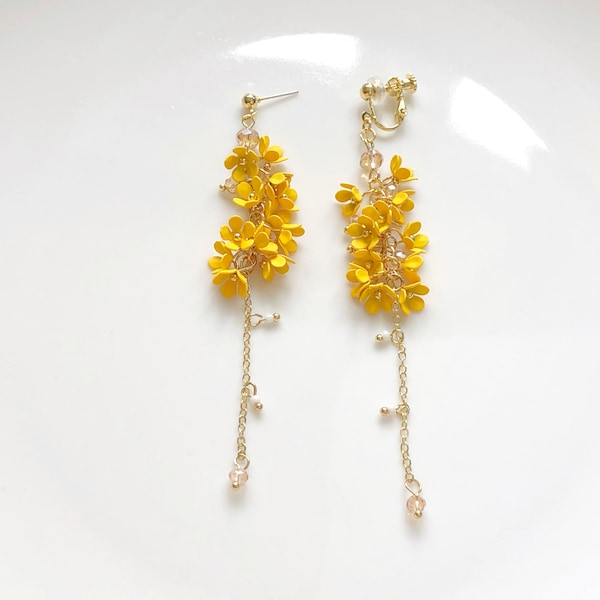Dainty yellow Floral Clip on /stud Earring, Delicate Sweet Osmanthus Fragrans Jewellery, gift for her