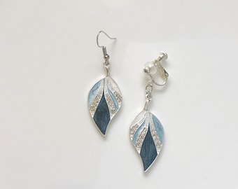 Blue Geometric Feather Earrings | Cute Dangle Jewelry | Clip On or Stud | Gift for Her | Handmade Enamel Earrings