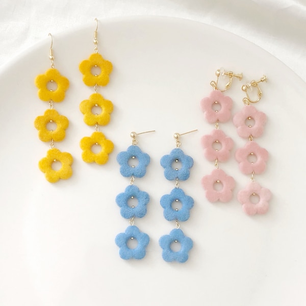 Triple velvet flower long dangle Clip-on/ stud earrings, Cute yellow/pink/blue winter autumn earrings, Cute handmade gift for her