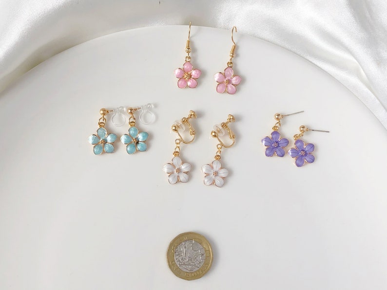 Sakura flower enamel earrings, oriental cherry Stud/Clip on earring, Dangle and drop earrings, spring gift for her image 6