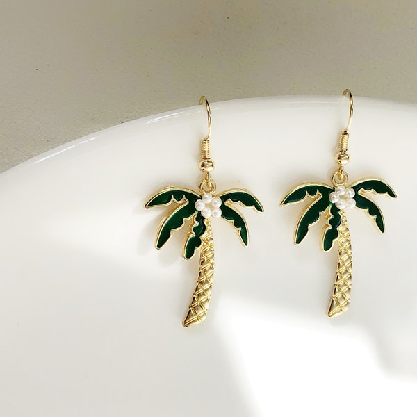 Cute coconut tree dangle Earrings, novelty earrings, Gift for her
