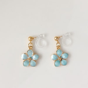 Sakura flower enamel earrings, oriental cherry Stud/Clip on earring, Dangle and drop earrings, spring gift for her Blue