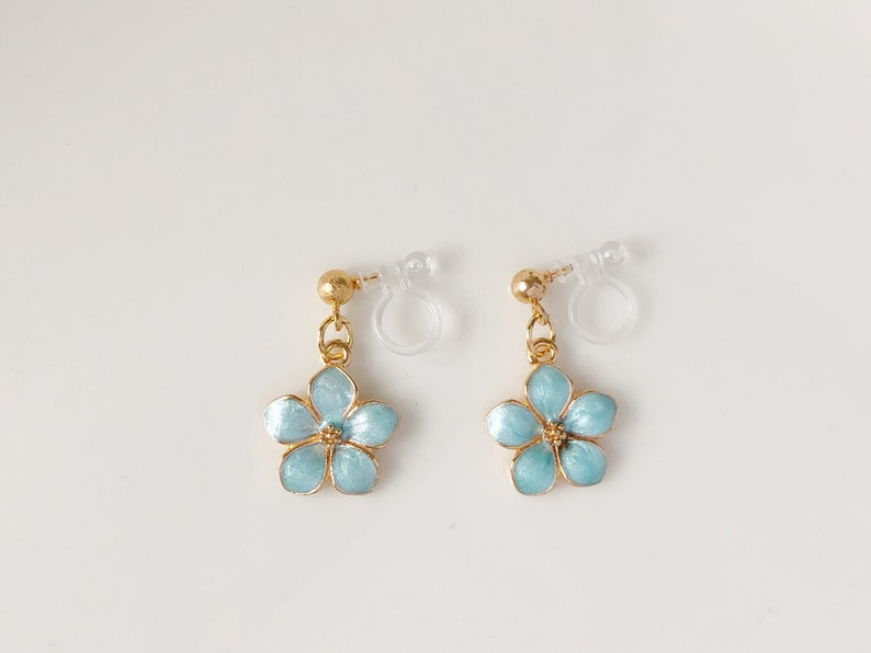 Sakura flower enamel earrings, oriental cherry Stud/Clip on earring, Dangle and drop earrings, spring gift for her Blue