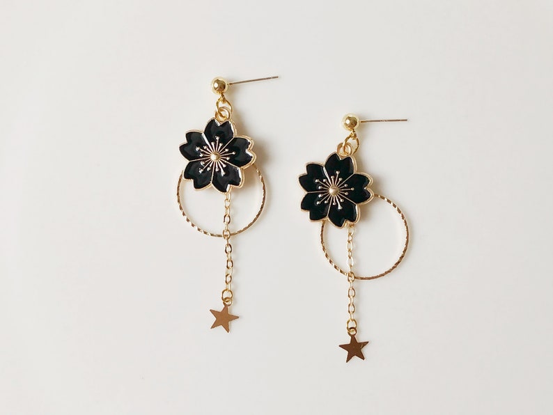 Sakura enamel earrings, oriental cherry Stud/Clip on earring, Dangle and drop earrings, spring gift for her Black
