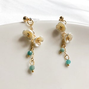 Cute White Flower and Green bead earrings, Dainty Floral Clip on earring, Gift for her