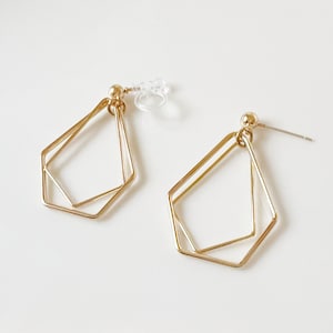 Gold colour double Geometric stud/ clip on Earrings, diamond shape earrings, gift for her