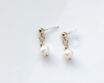 White freshwater pearl drop Stud / Clip on Earrings, Geometric pendant, Gift for her