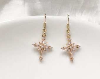 Gold colour Dangle Cross Hook/ clip on Christmas Earrings, Dainty Xmas cross earrings