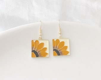 Cute Sunflower painting clip on/ stud Earrings, Dainty dangle pendant, Gift for her