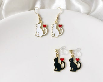 Cute Heart and cat on moon earring, enamel cartoon dangle earrings, gift for her