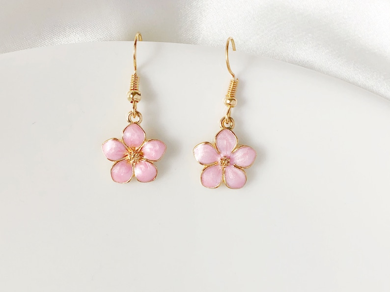 Sakura flower enamel earrings, oriental cherry Stud/Clip on earring, Dangle and drop earrings, spring gift for her Pink