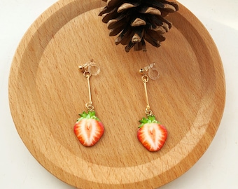 Cute Red Strawberry long earrings, Dangle Earrings clip-on/stud Jewellry, Fruit Jewelry, gift for her