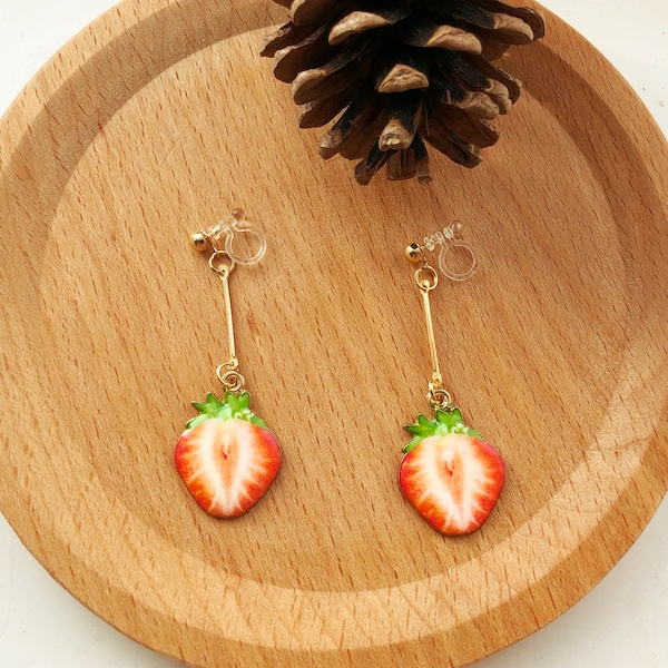 Cute Red Strawberry long earrings, Dangle Earrings clip-on/stud Jewellry, Fruit Jewelry, gift for her