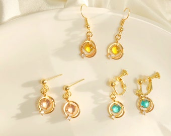 Dainty Blue / yellow/ pink saturn star planet dangle stud/ clip on Earrings, gift for her