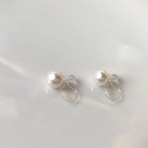 White freshwater pearl Clip on Earrings, non-pierced earrings, Gift for her image 1