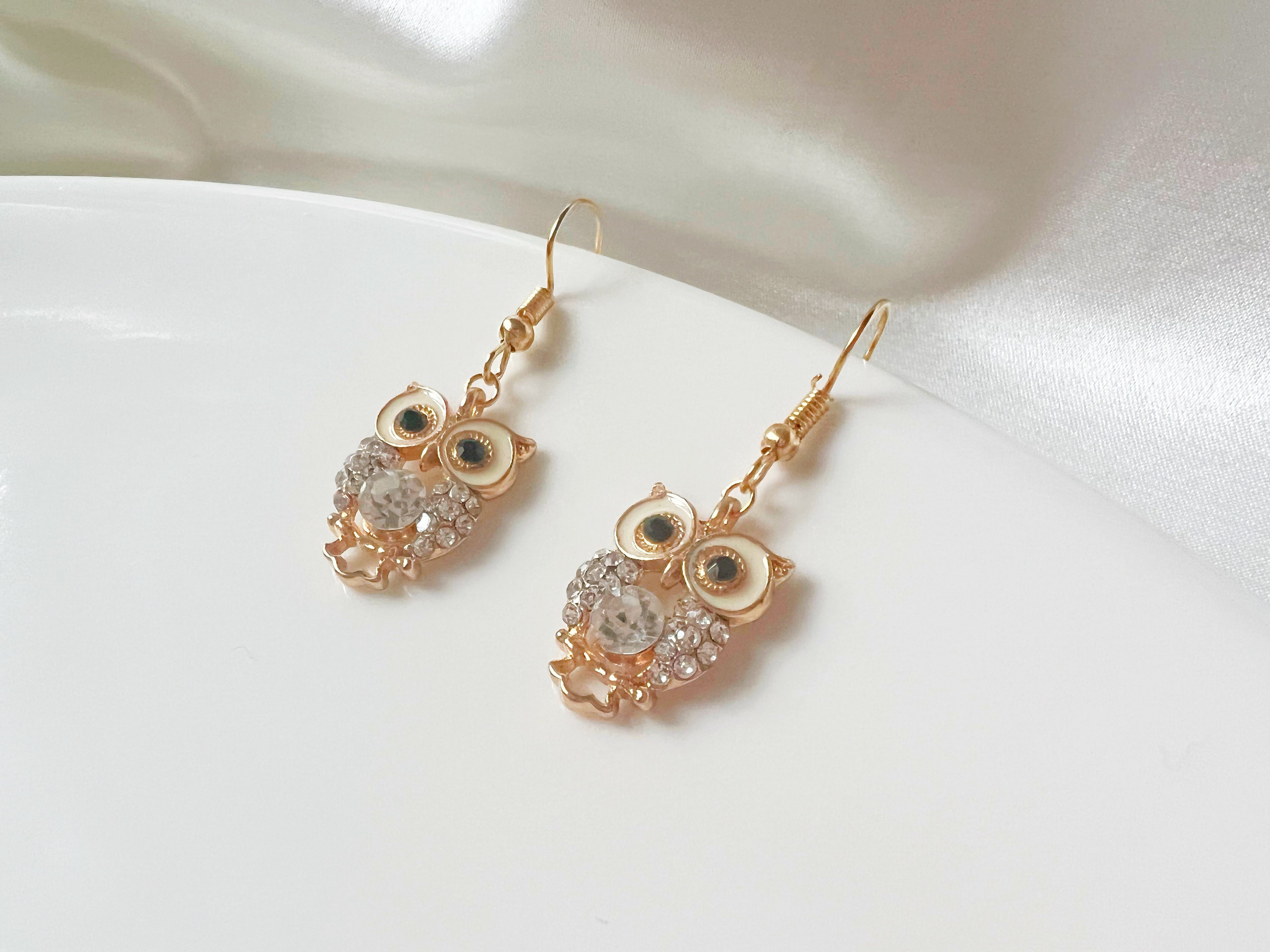 Gold Colour Owl dangle earrings, Dainty zirconia pendant jewellery, gift for her