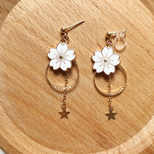 Sakura enamel earrings, oriental cherry Stud/Clip on earring, Dangle and drop earrings, spring gift for her image 5