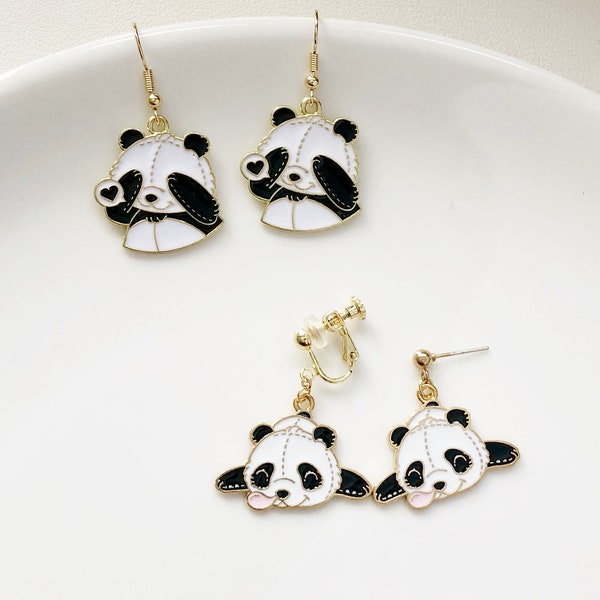 Cute Panda  Stud / Clip on earrings, funny animal earrings, Cute handmade gift for her