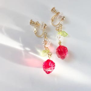 Cute Strawberry earrings, mismatched clip-on/stud Fruit and leaves earrings, Special gift for her