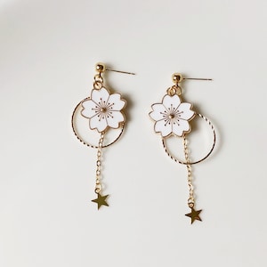Sakura enamel earrings, oriental cherry Stud/Clip on earring, Dangle and drop earrings, spring gift for her White